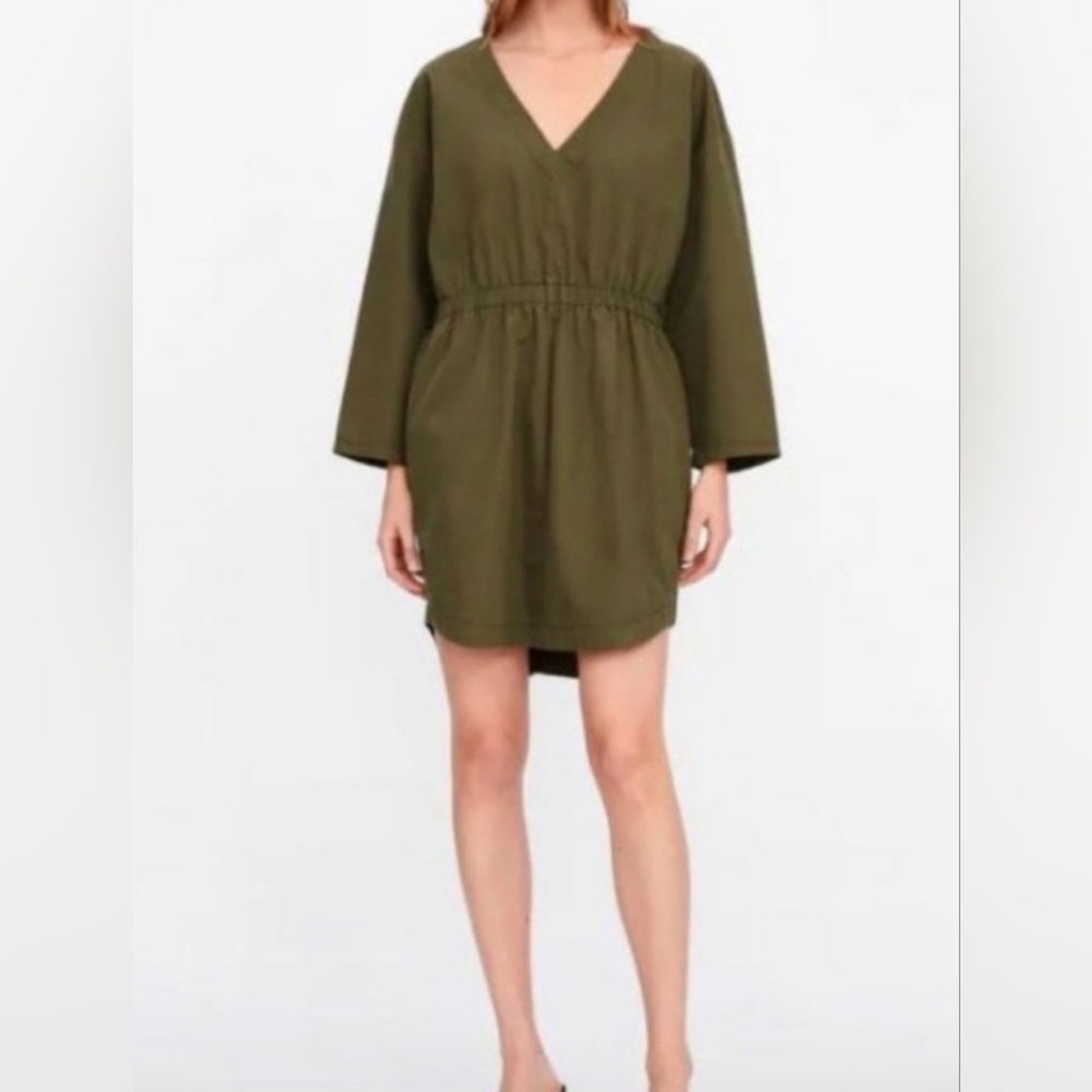 Zara Khaki Green V-Neck Tunic Dress 3/4 Sleeve with pockets Size XS